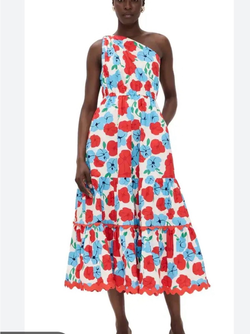 English Factory One-Shoulder Floral Midi Dress in Red & Blue